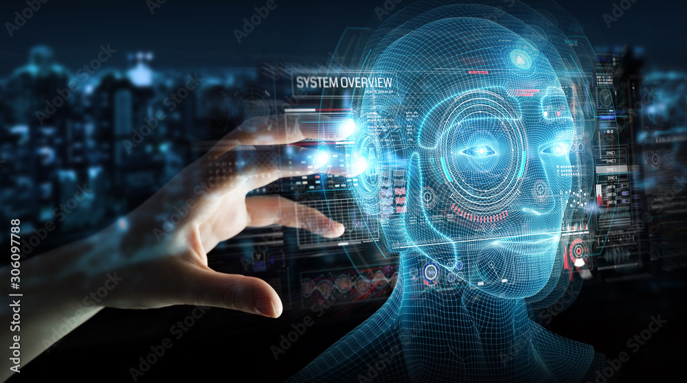 Businessman using digital artificial intelligence head interface 3D rendering Businessman using digital artificial intelligence head interface 3D rendering