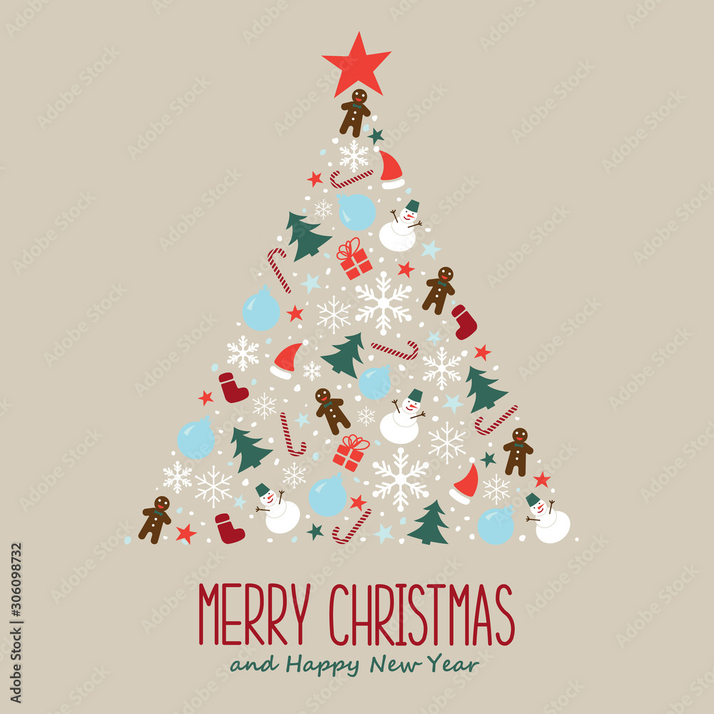 Christmas tree made of pattern with snowflakes, snowman and christmas decoration. Happy New Year multicolored background. Vector template for greeting card. Christmas tree made of pattern with snowflakes, snowman and christmas decoration. Happy New Year multicolored background. Vector template for greeting card.
