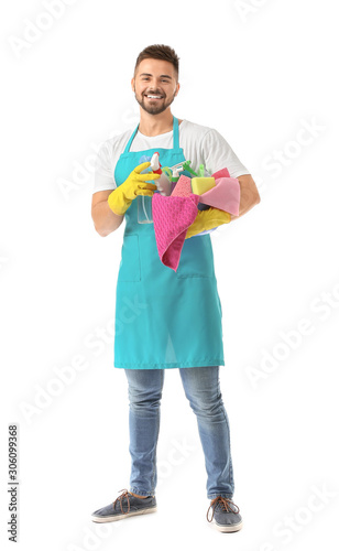 Male janitor with cleaning ...
