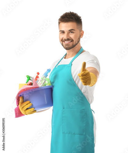 Male janitor showing thumb-...