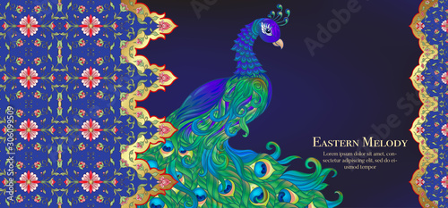 Peacock and eastern ethnic motif, traditional muslim ornament. Template for wedding invitation, greeting card, banner, gift voucher, label. Colored vector illustration in gold and blue.