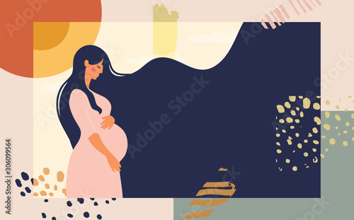 Pregnant woman. Modern collage on an abstract background. Bright conceptual flat illustration about motherhood and pregnancy. Stock vector