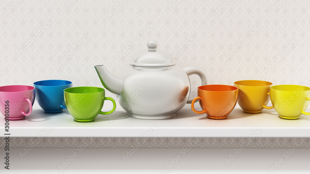 Fototapeta premium Vibrant colored tea set standing on the shelf. 3D illustration