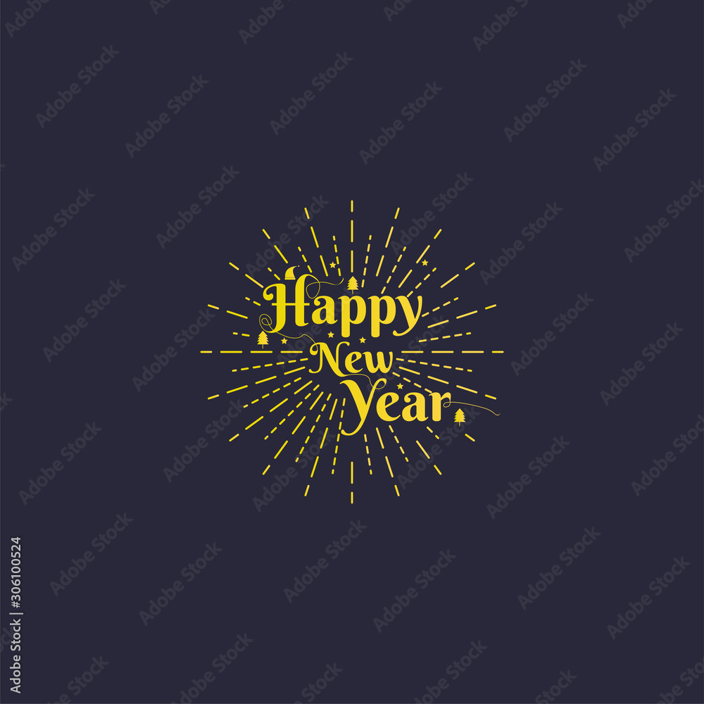 Fototapeta premium Happy New Year Lettering with burst rays. Holiday Vector Illustration. Lettering Composition And Light Rays Or Sunburst