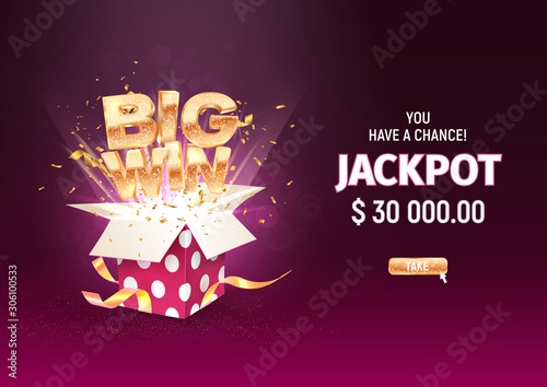 Big win gold sign take off from open purple gift box on dark background. Gambling vector banner. Jackpot illustration template