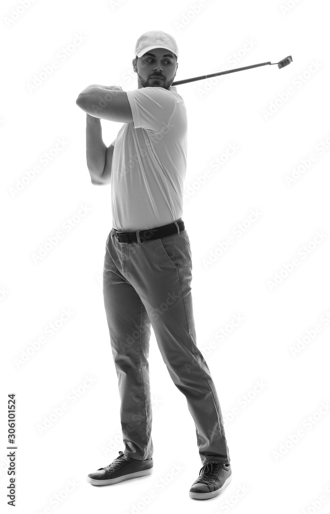 Black and white portrait of handsome male golfer isolated on white Black and white portrait of handsome male golfer isolated on white