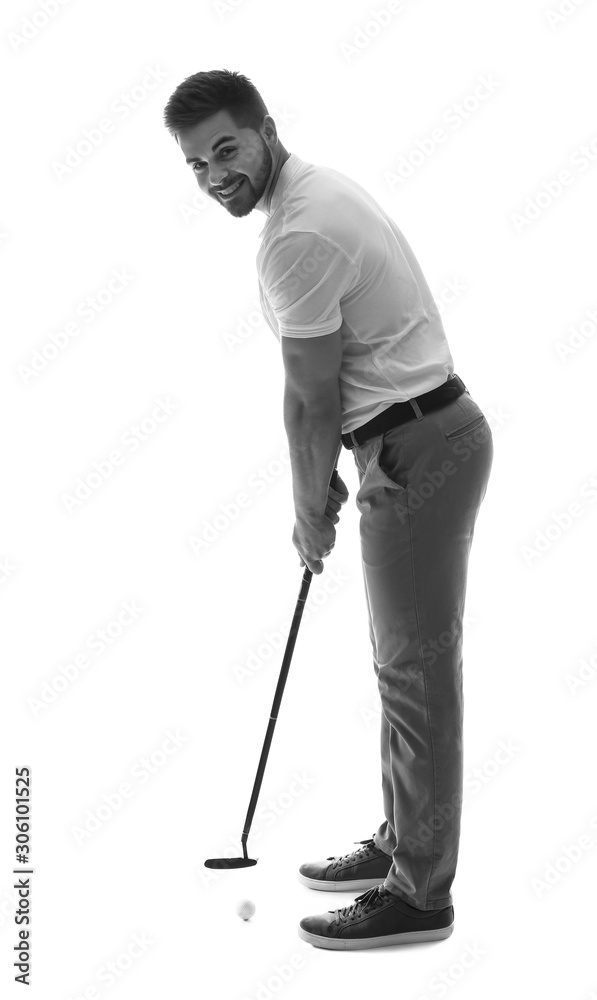 Black and white portrait of handsome male golfer isolated on white Black and white portrait of handsome male golfer isolated on white