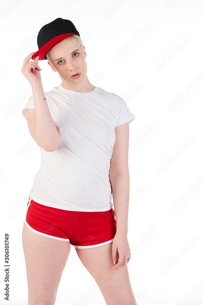 Blank t-shirt mock-up - Beautiful retro sports fashion girl ready for your design Blank t-shirt mock-up - Beautiful retro sports fashion girl ready for your design
