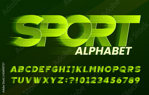 Plakat Czcionka alfabetu sportowego. Dynamiczne litery i cyfry o dużej prędkości. Wektor maszynopis do projektowania typografii.