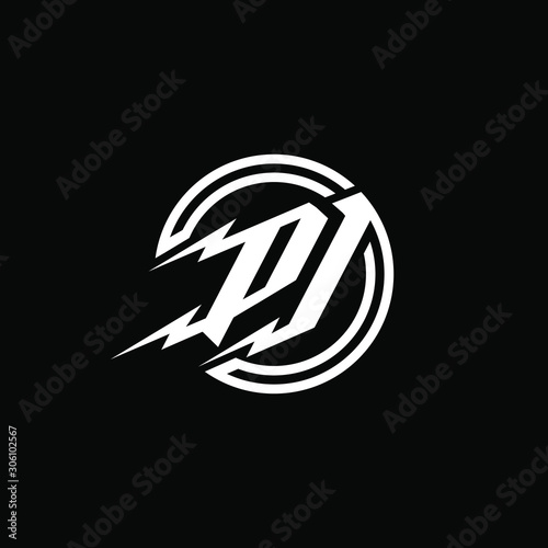 Initial letter PJ logo template with thunder or flash symbol and circle in flat design monogram illustration