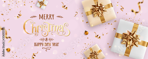 Gold Christmas and New Year Text on pink Xmas background with gift boxes, fir branches, gold ribbon, decoration, sparkles, confetti, bokeh. Merry Christmas card. Vector Illustration, realistic vector
