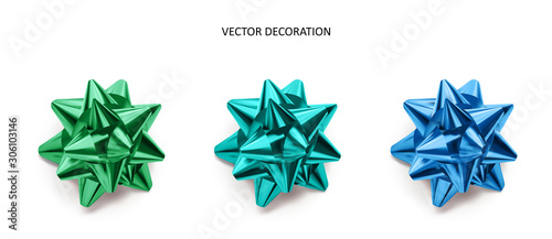 Set of bows green and blue color metallic with shadow on isolated white background. Realistic vector decoration for holiday.