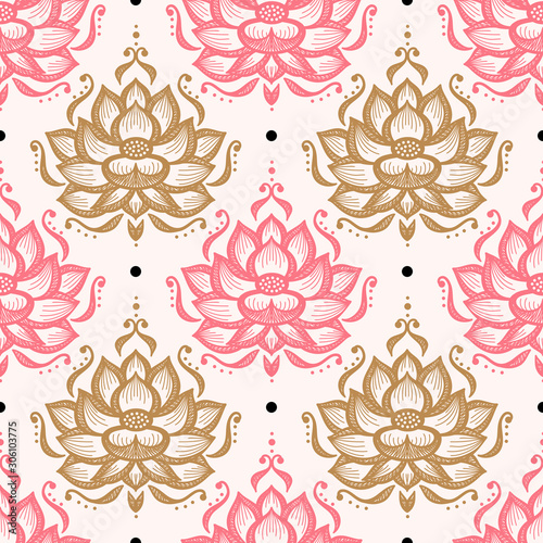 Ethnic Oriental Mehndi Lotus Flower Seamless Pattern. Floral Ornamental Patte...