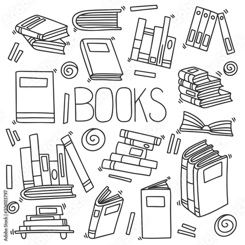 Different books and magazines vector concept in doodle and sketch style, library bookshelfs, bookstore. Hand drawn illustration.