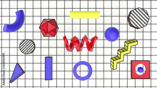 Abstract 3d video background with geometric composition. Loop 4k animation. Modern trendy postmodernism design, yellow, blue and red colors. Memphis style.