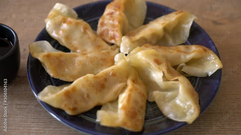 Japanese gyoza or dumplings snack with soy sauce Japanese gyoza or dumplings snack with soy sauce