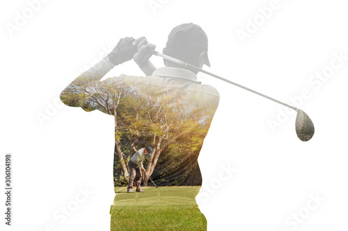 Double exposure of golf player holding club with golf course.