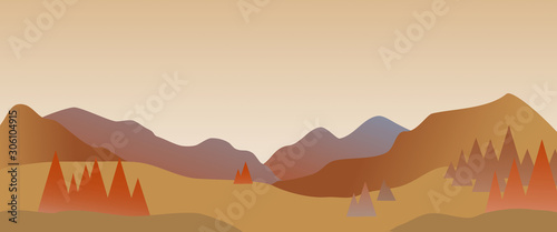 panoramic landscape with mountains and pine trees in autumn.