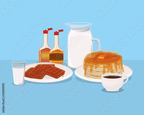 Breakfast waffles and pancakes vector design