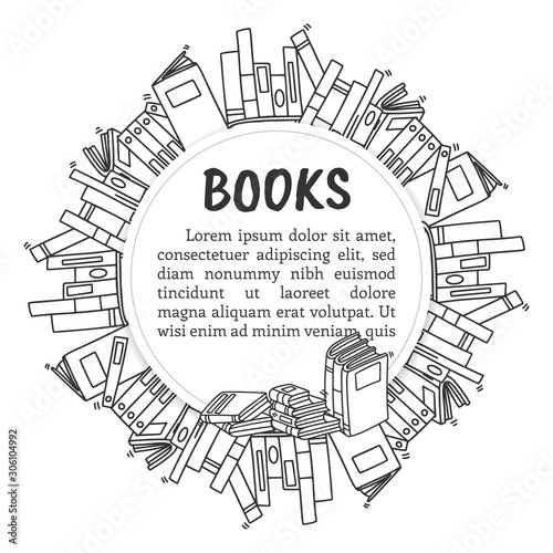 Different books and magazines vector banner in doodle and sketch style. Hand drawn poster.