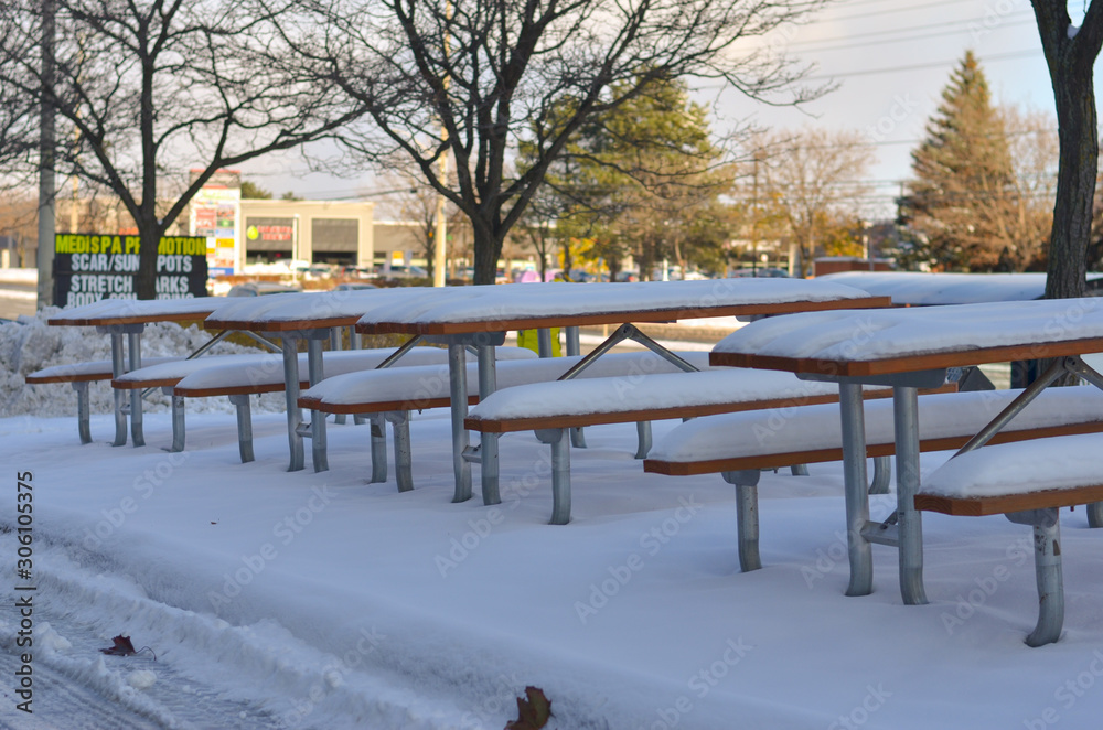 custom made wallpaper toronto digitalShot of benches in a park covered in fresh first snow of the winter season in North America or Europe. Heavy snowfall is also seen in north indian states of himachal pradesh and uttrakhand