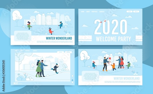 Flat Landing Page Set Offering Winter Fun and Joy