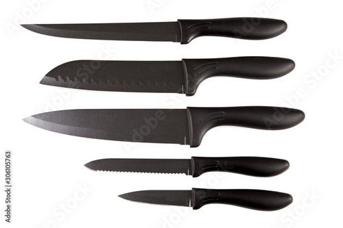 Metal cooking peeler knives set black handle isolated on white background