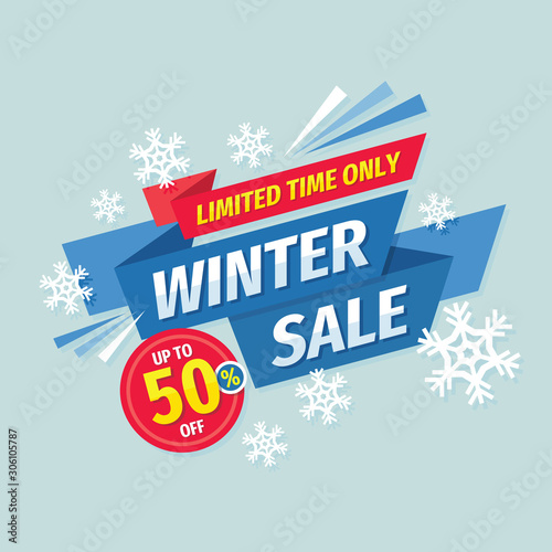 Winter sale banner concept design. Discount up to 50% off. Special offer layout. Vector illustration. 