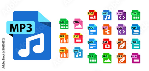 Big Collection of vector icons. File format extensions icons. MP3, PDF, SVG, DOC, JPG, PSD, FB2 EPUB flat design style