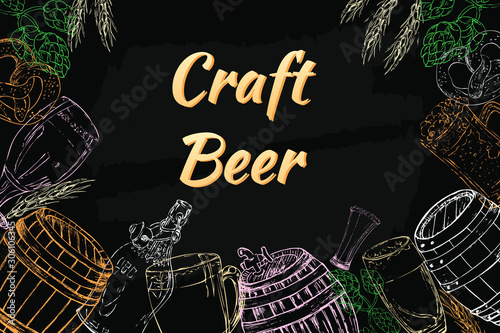 Hand drawn  poster Craft Beer with tap, glass, bottle, hop, pretzel, mug, malt, barrel.  Vintage vector  illustration isolated on black  background.