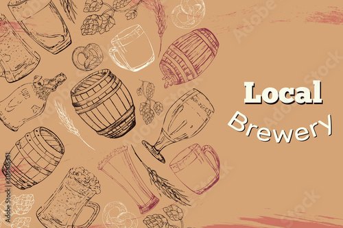 Hand drawn poster Local Berewery with tap, glass, bottle, hop, pretzel, mug, malt, barrel.  Vintage vector  illustration isolated on craft  background.