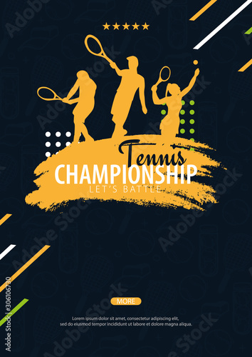 Tennis Championship banner, design with player and racquet on dark background. Vector illustration.