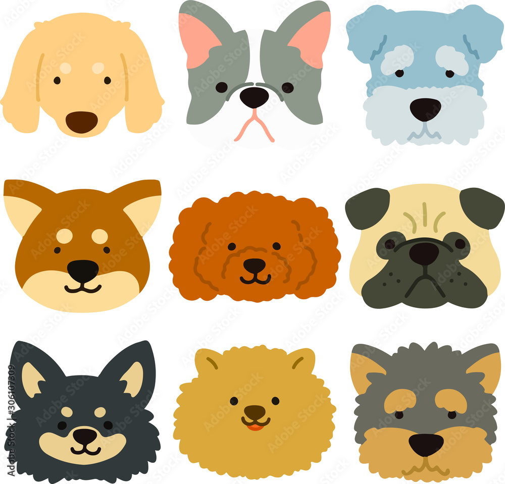 Fototapeta premium Set of flat colored dog faces