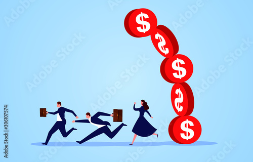 A group of businessmen escape the crumbling pile of gold coins