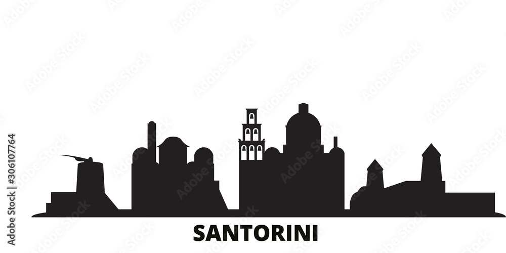 Fototapeta Greece, Santorini city skyline isolated vector illustration. Greece, Santorini travel cityscape with landmarks