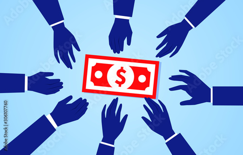 Many hands grab a banknote