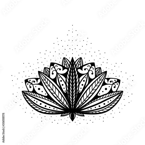 Ethnic Oriental Tattoo Cannabis Leaf. Ornamental Hemp Leaf Silhouette Symbol Black and White Floral Pattern Vector Illustration