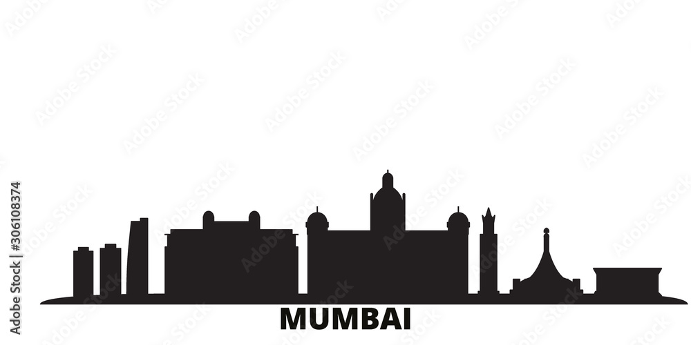 Fototapeta India, Mumbai city skyline isolated vector illustration. India, Mumbai travel cityscape with landmarks