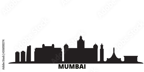 India, Mumbai city skyline isolated vector illustration. India, Mumbai travel cityscape with landmarks
