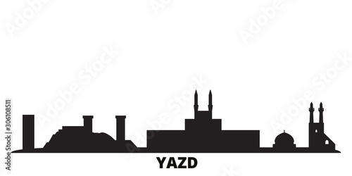 Iran, Yazd city skyline isolated vector illustration. Iran, Yazd travel cityscape with landmarks