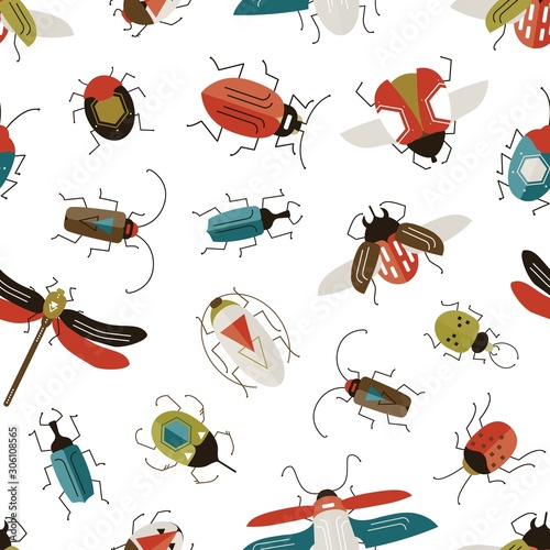 Bugs and beetles vector seamless pattern. Entomology and insects colorful backdrop. Dragonfly, ladybugs, ladybirds and stag-beetle on white background. Wildlife nature textile design.