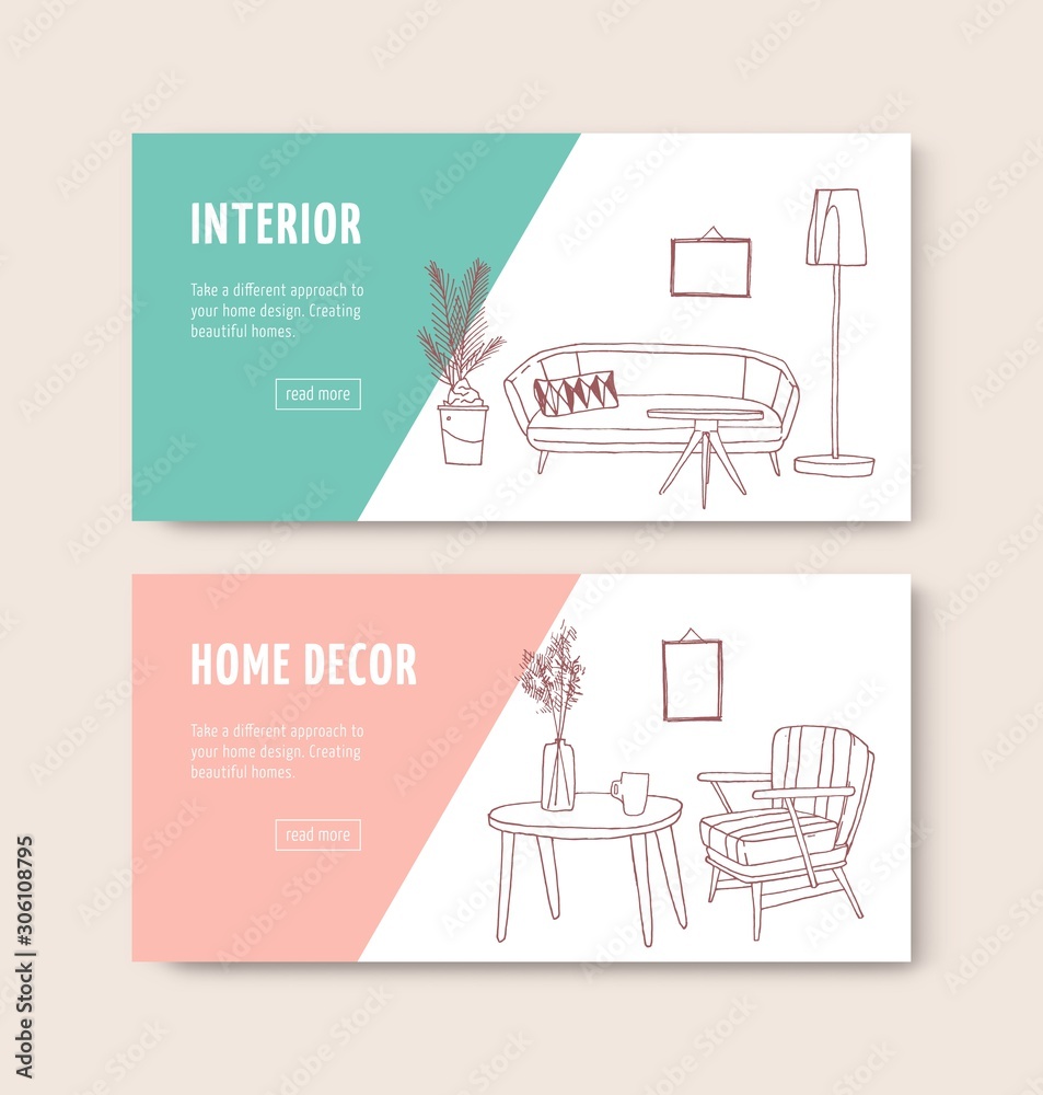 Furniture store landing page vector templates . Furnishing accessories shop website interface with hand drawn illustrations. Home and comfort homepage layout. Web banner, webpage design.