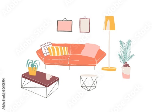 Home interior, furniture pieces hand drawn vector illustration. Trendy living room furniture. Cosy bright sofa with cushions , floor lamp, coffee table and houseplant on white background.