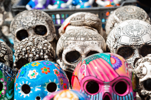 Ceramic colored handmade skulls in the market - Mexico - Día de Muertos