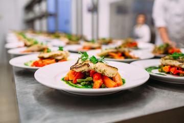 Cooking a delicious main course in the restaurant kitchen. Catering on holiday.