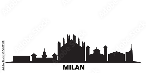 Italy, Milan city skyline isolated vector illustration. Italy, Milan travel cityscape with landmarks