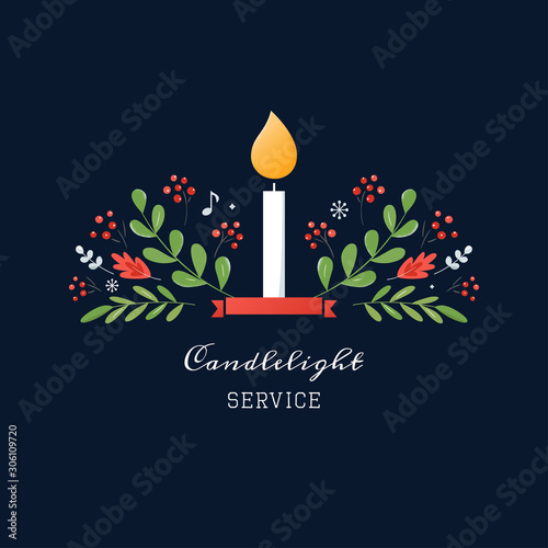Candle and Ornaments Christmas Eve Candlelight Service Invitation. Vector Design