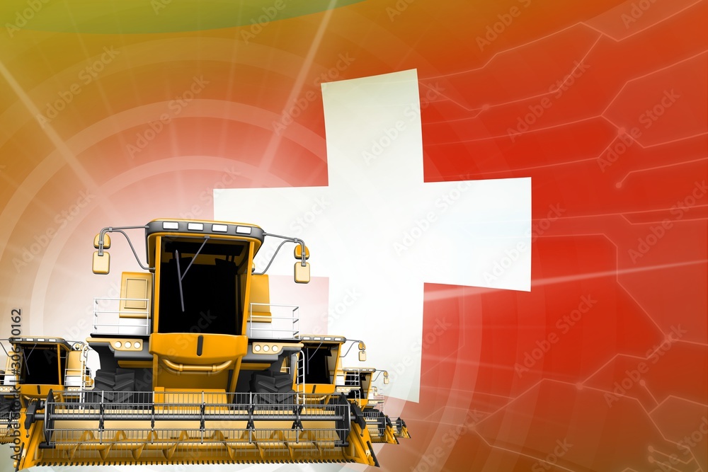 Obraz premium Digital industrial 3D illustration of yellow modern grain combine harvesters on Switzerland flag, farming equipment modernisation concept