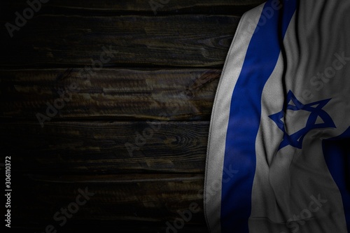 Fototapeta Naklejka Na Ścianę i Meble -  beautiful feast flag 3d illustration. - dark photo of Israel flag with big folds on old wood with empty place for your content