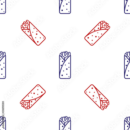 Blue and red Burrito icon isolated seamless pattern on white background. Traditional mexican fast food. Vector Illustration